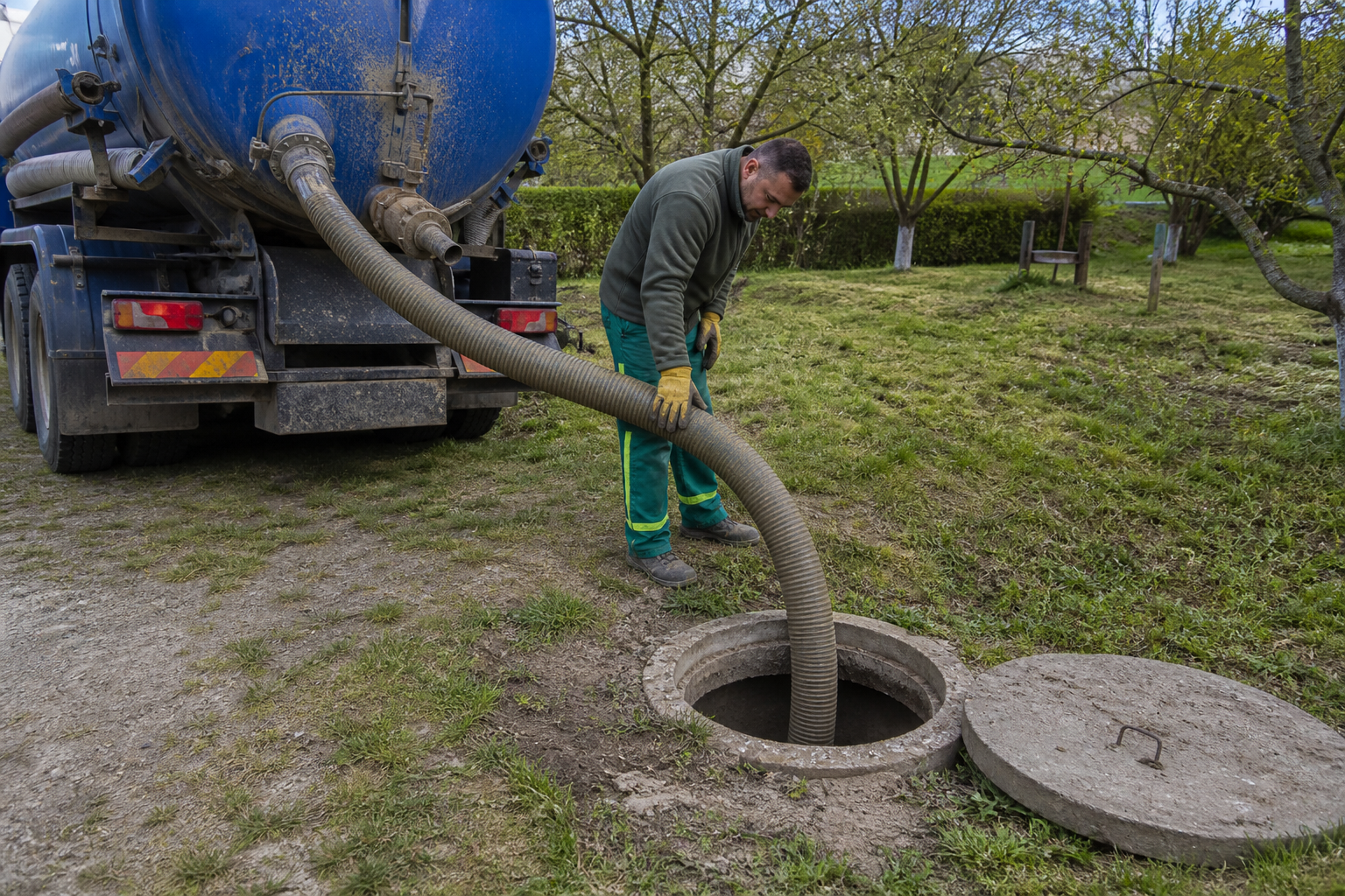 Vidange d'une fosse septique par un camion hydrocureur