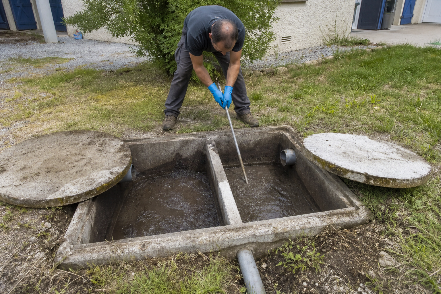 Contrôle du niveau de boues d'une fosse toutes eaux ouverte