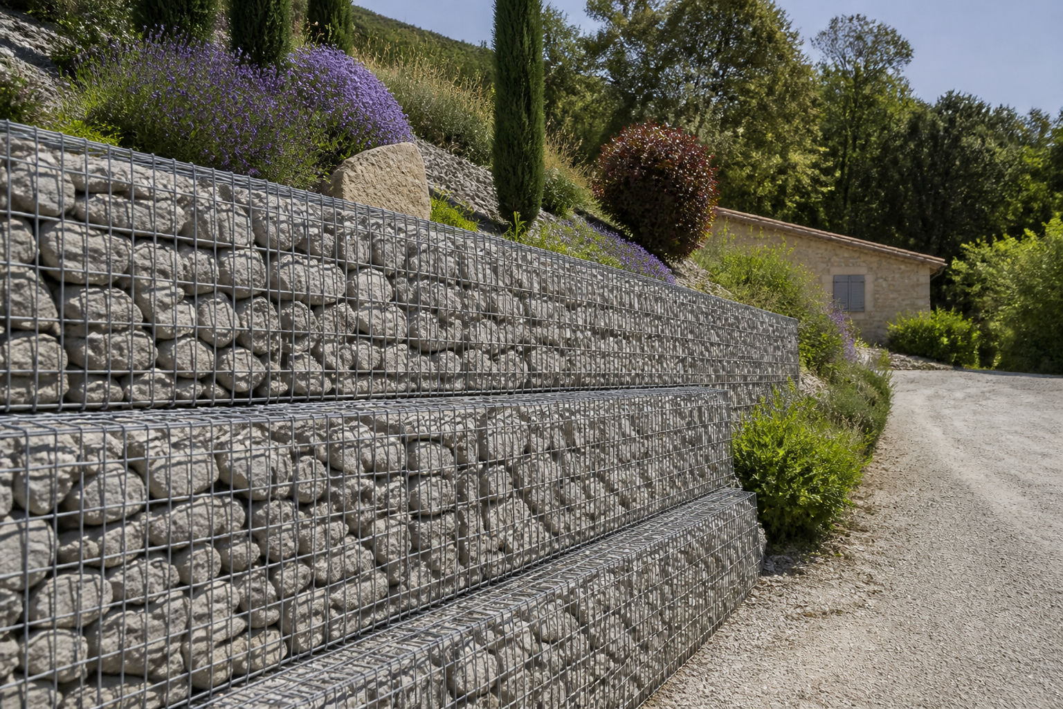 Mur en gabion rempli de pierres soutenant un talus paysager