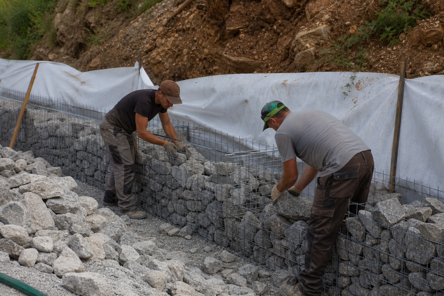 Ouvriers remplissant des cages de gabion avec des pierres