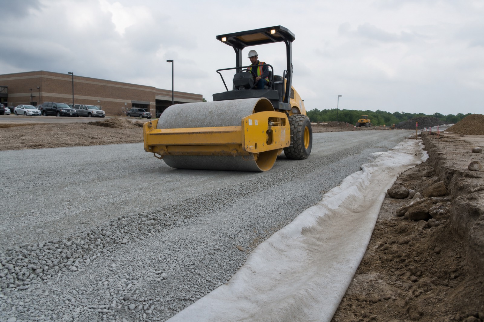 Compactage d'une couche de grave sur un chantier de parking