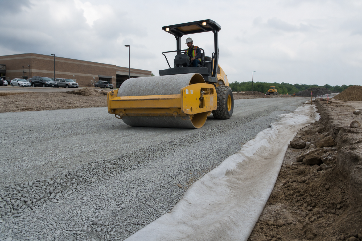 Compactage d'une couche de grave sur un chantier de parking