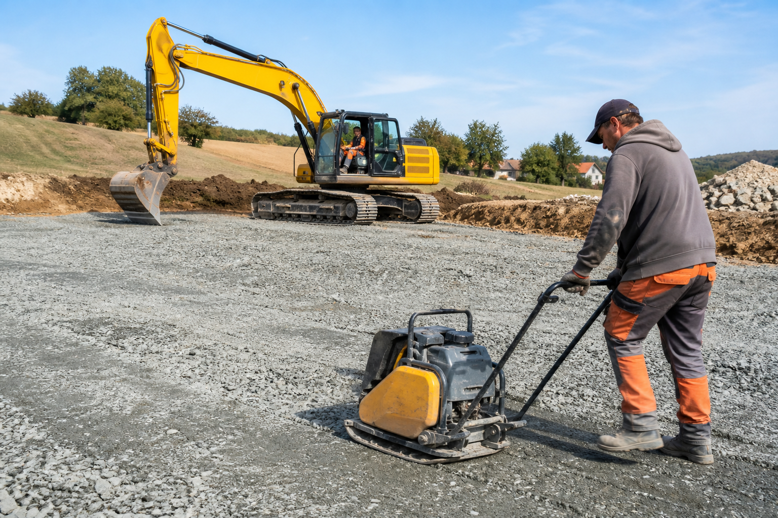 Pelle et plaque vibrante sur une plateforme en cours de terrassement