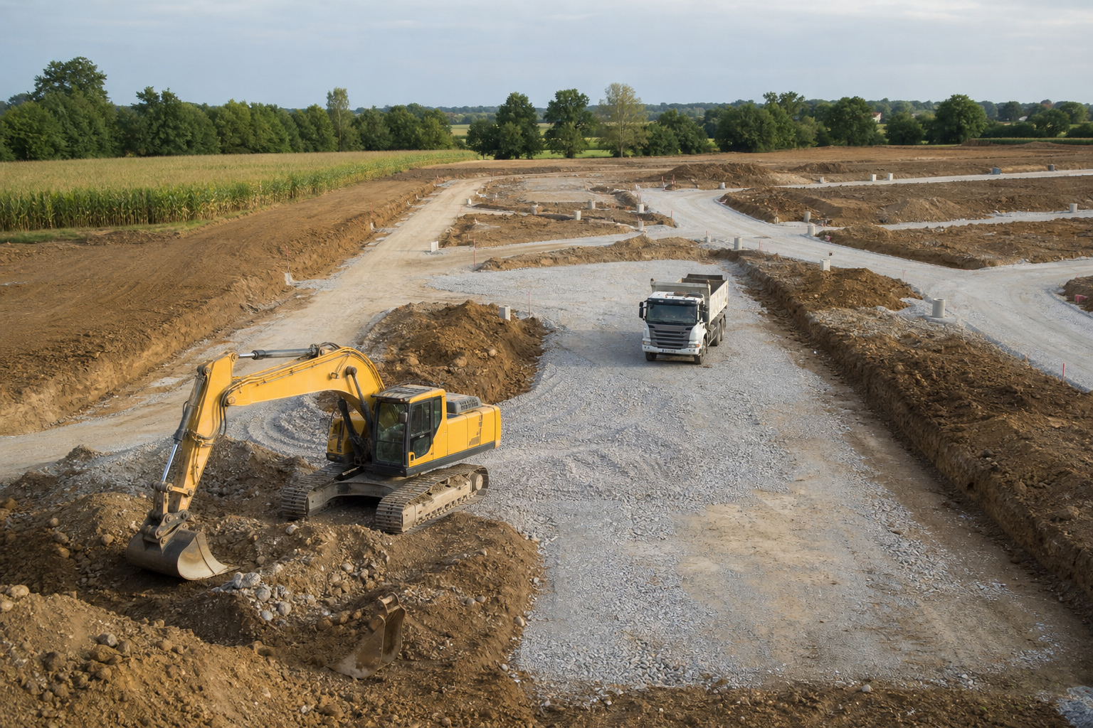 Vue large d'un chantier de terrassement et VRD en cours